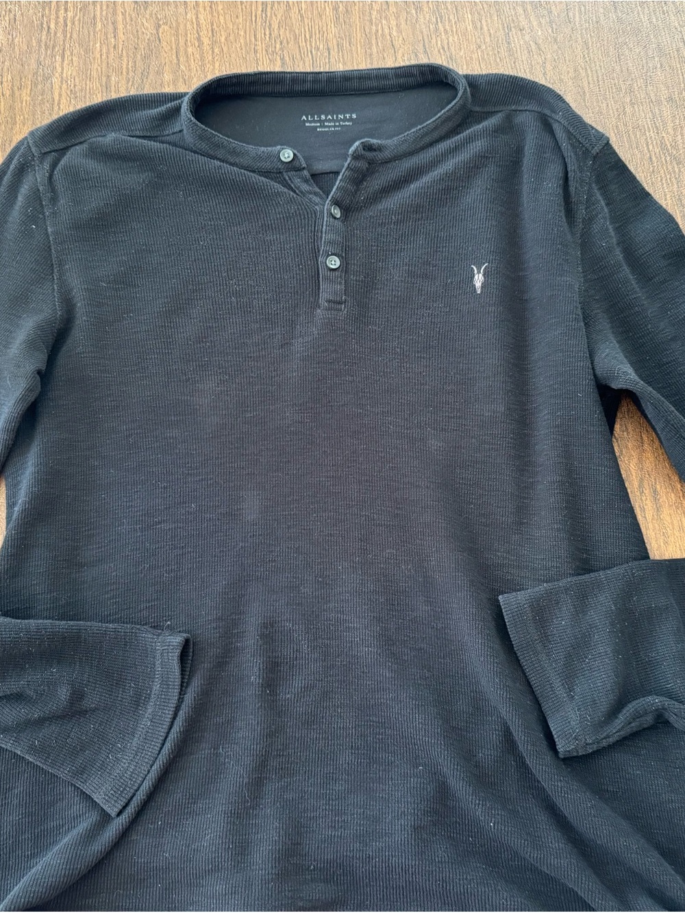AllSaints Black Long-Sleeve Henley with Embroidered Logo
